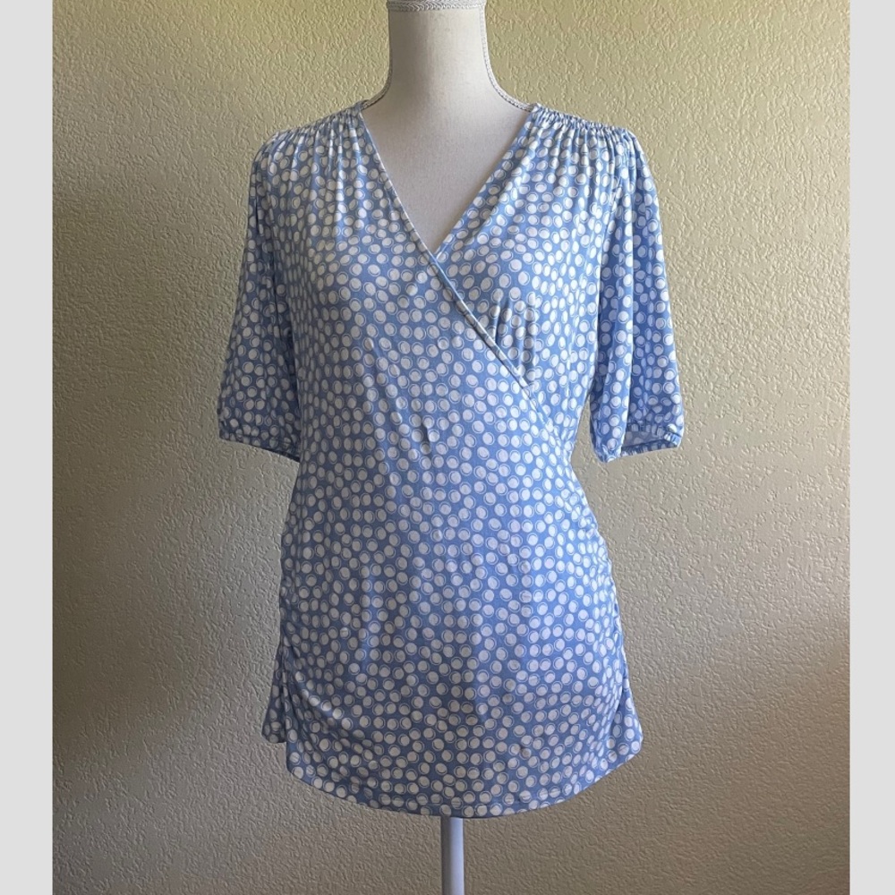 Boden Short Sleeve Wrap Top Light blue and White Dots Size: 12